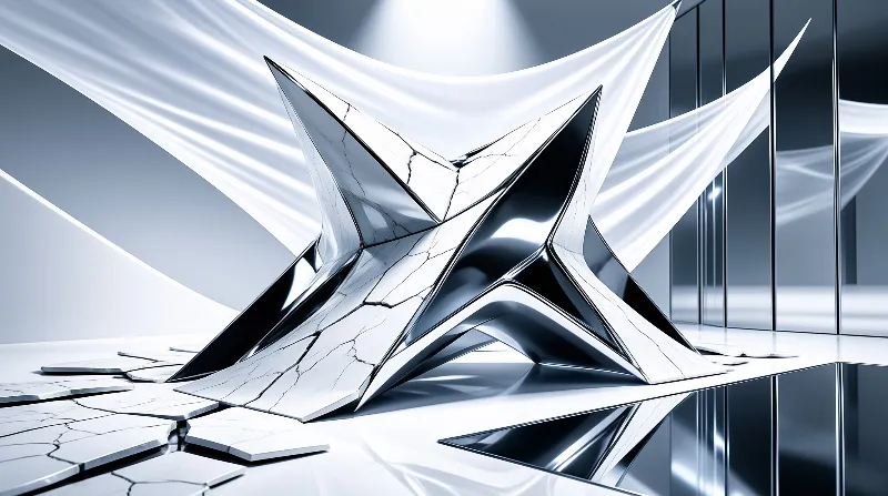A polished metallic star form sits on a reflective floor, framed by billowing white fabric and tall glass panels.