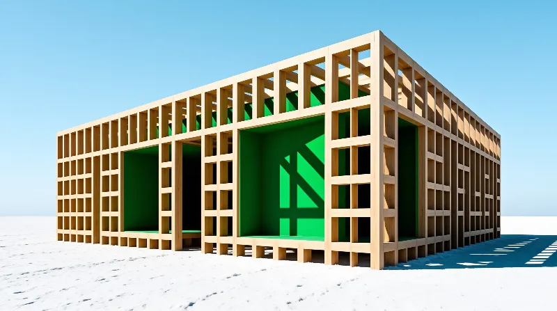 A partially built wooden stud framed house with bright green inner walls stands on a flat white salt plain under clear bright blue sky with sharp defined shadows.