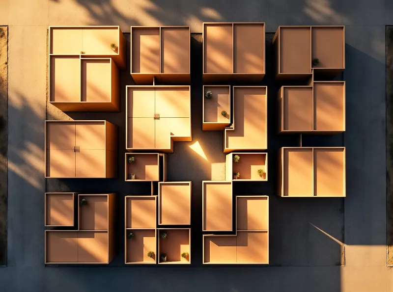 An aerial perspective captures a cluster of modular residential structures featuring flat roofs and internal courtyards. Long shadows stretch across the terracotta-colored surfaces while direct sunlight highlights the geometric arrangement of the buildings against a dark paved ground.