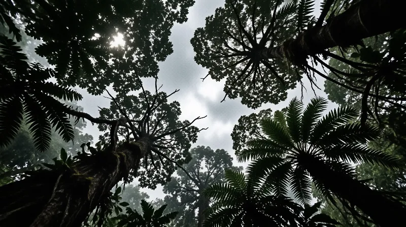 Towering fern tree canopies encircle the observer in a dim misty forest, with soft overcast grey light filtering between the branches.