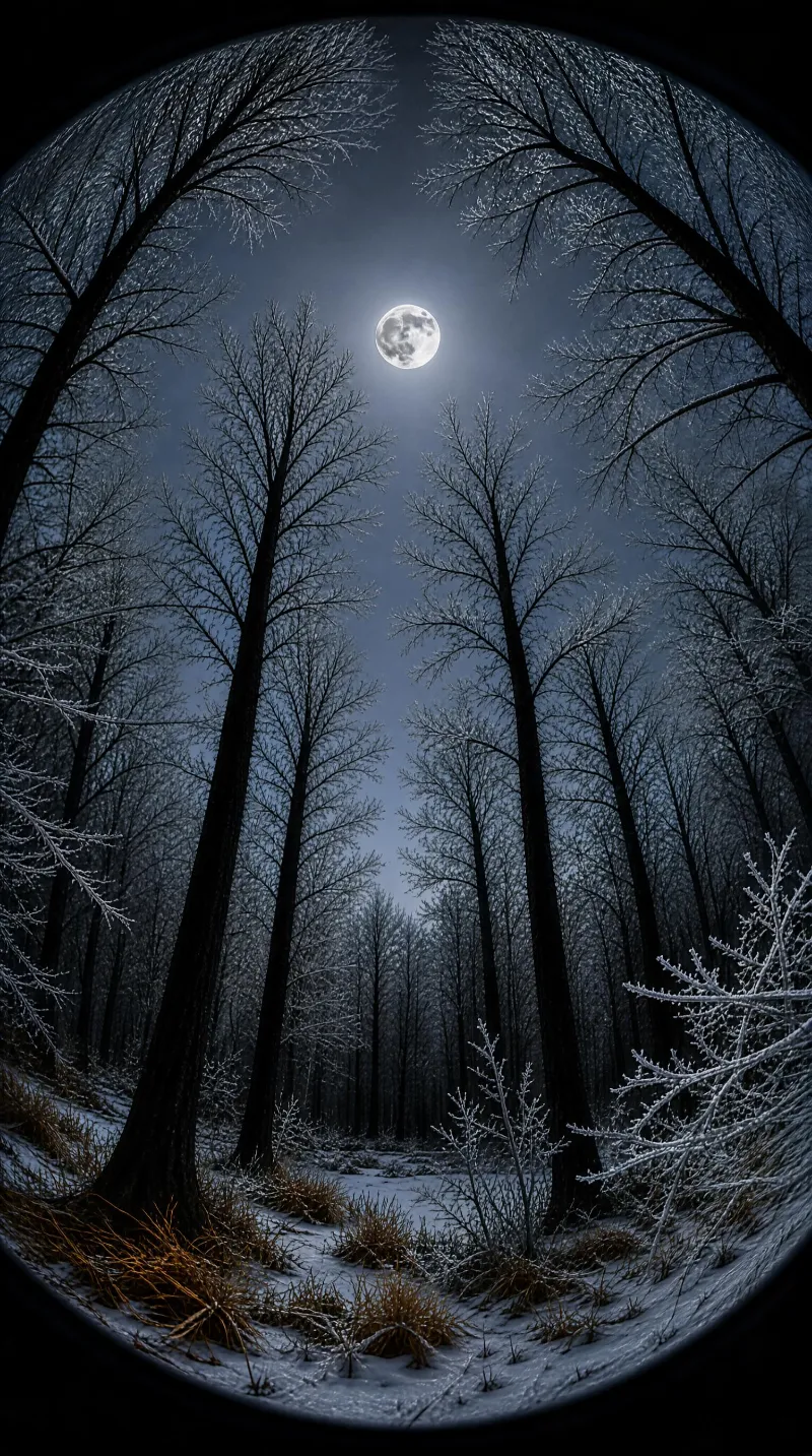 A snow-covered forest beneath a bright full moon, with tall bare trees and frosty branches on the ground and bushes.