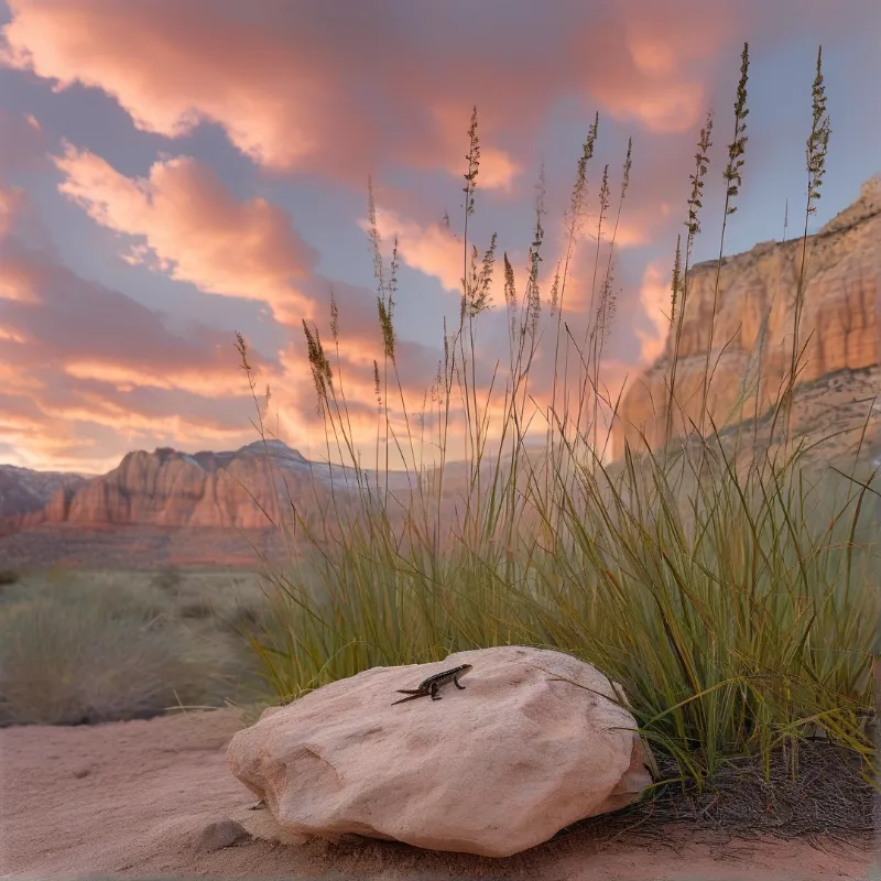 A small dark lizard rests on a smooth beige stone surrounded by tall grasses while dramatic pink clouds fill the sky above distant red rock formations.