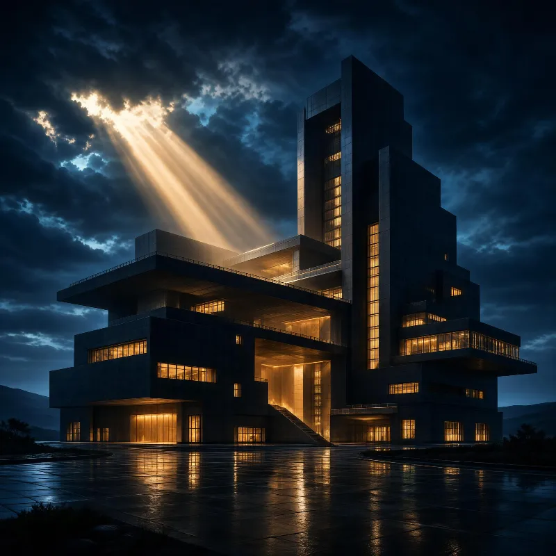 Golden Light Over Brutalist Building
