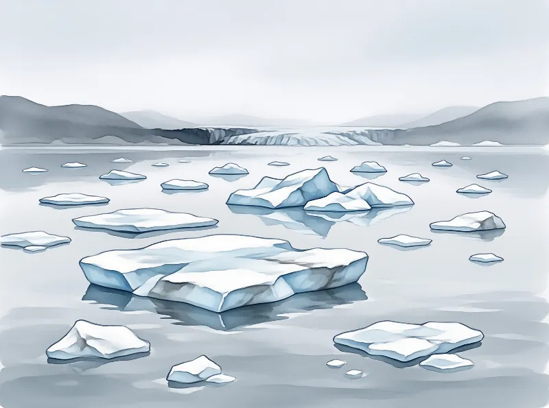 White ice floes scatter across still water toward a distant glacier wall beneath an overcast polar sky.