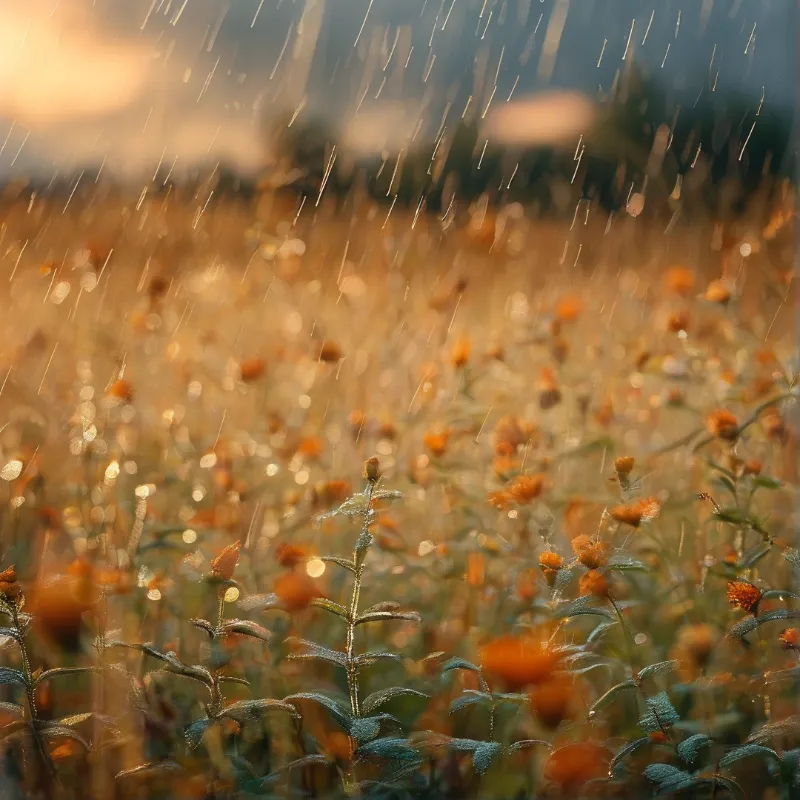 A close up view of orange wildflowers swaying in a field while rain falls through golden sunlight.