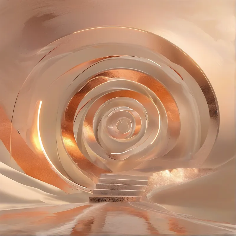 Glossy rose gold ribbons coil into a tight spiral around a small flight of stone steps on a mirrored floor.