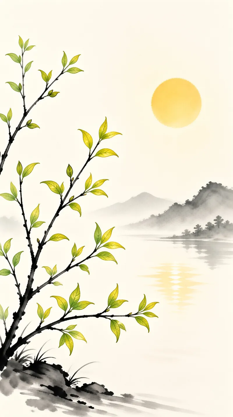 Ink painting of a fresh leafy tree branch in the foreground, with hazy distant mountains, a still pale lake and a soft yellow sun reflected on the water surface