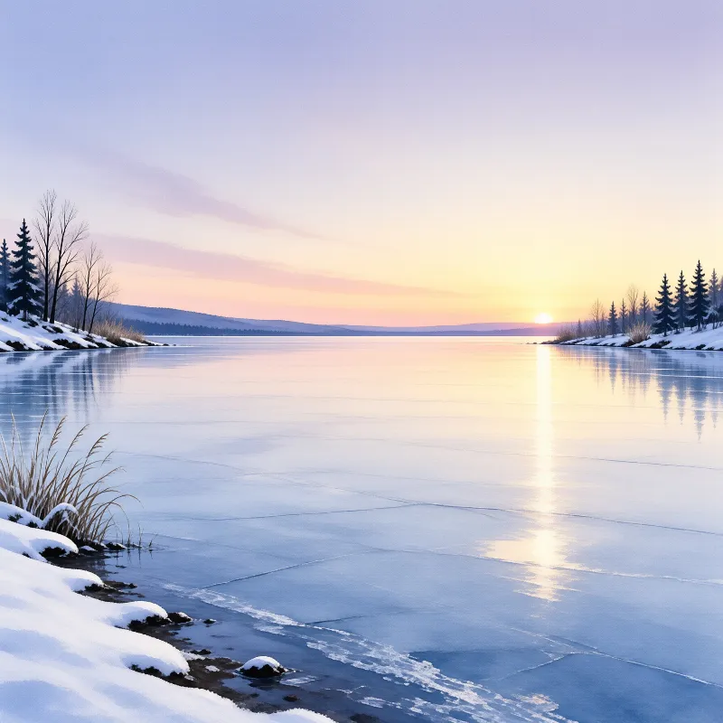 Winter lake ice reflects golden sunset light across a snowy shore lined with dark pine trees.