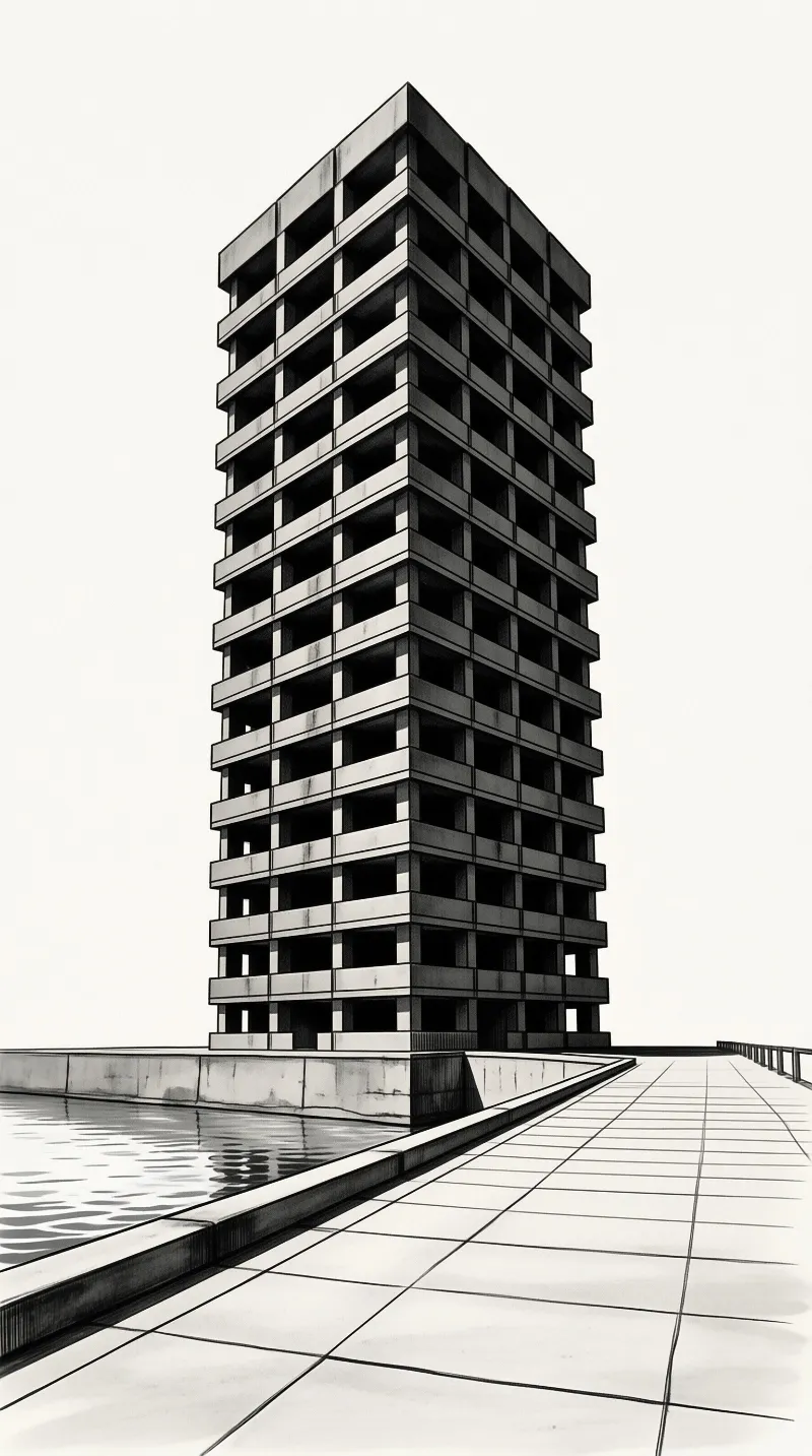 Tall grid facade building rising beside calm pool and tiled walkway in high contrast black and white style.