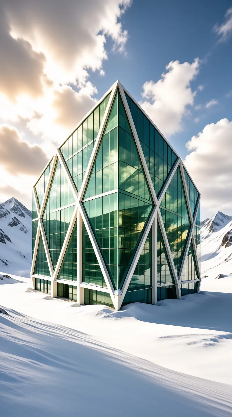 A faceted crystalline building with green glass reflects mountains and clouds under a low golden sun in a snowy valley