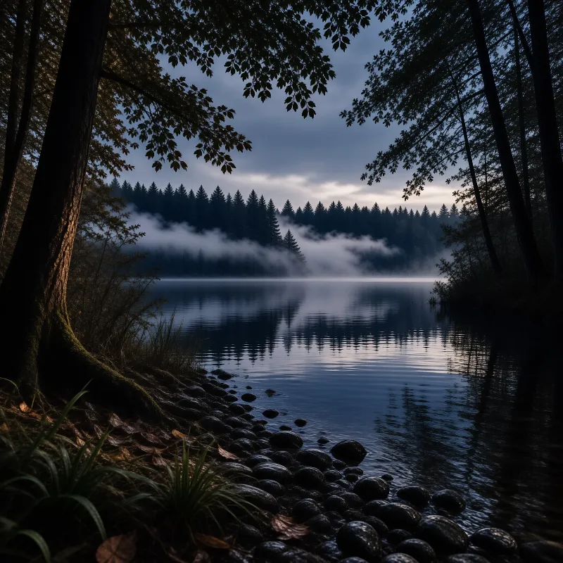 Dense evergreen trees surround a still lake shrouded in low morning fog under a pale blue sky at dawn.