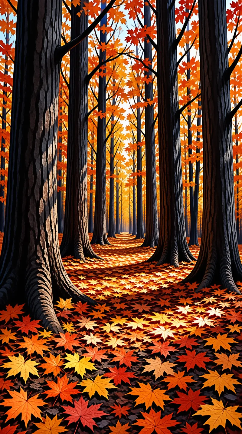 A stylized woodland of dark vertical trunks glowing with orange canopy colour above a thick carpet of red and gold leaves