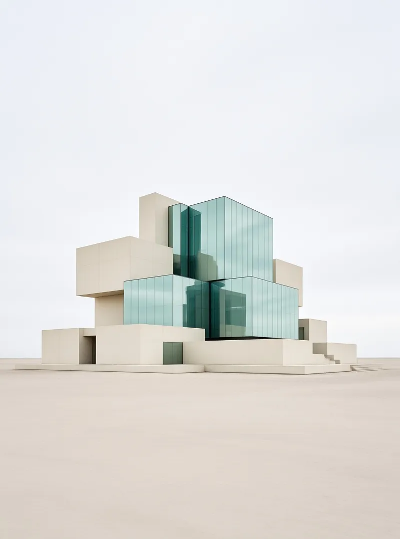 A minimalist building of beige blocks and teal glass stands on a flat sandy plain under an overcast sky.
