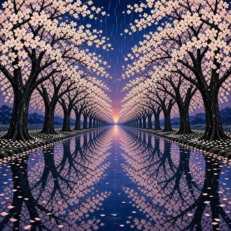Symmetrical rows of pink flowers line a dark channel under a stormy evening sky with perfect mirror images.