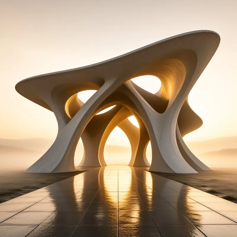 A flowing white concrete structure with holes stands on a plain as golden sunrise light illuminates its curves.