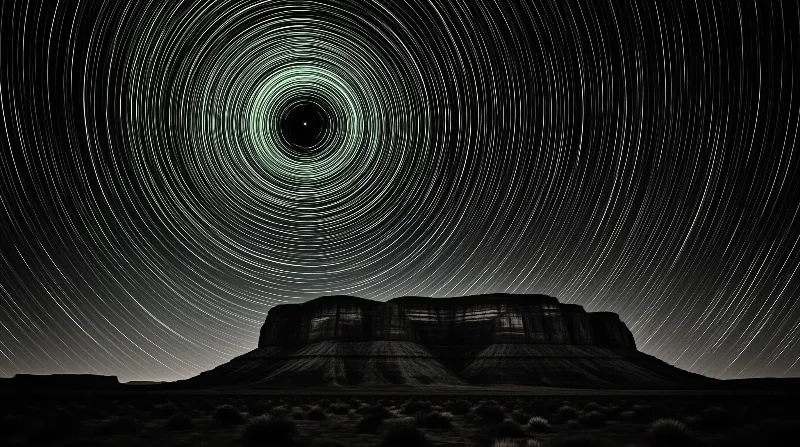 A dark mesa silhouette stands against a night sky filled with swirling white star trails.