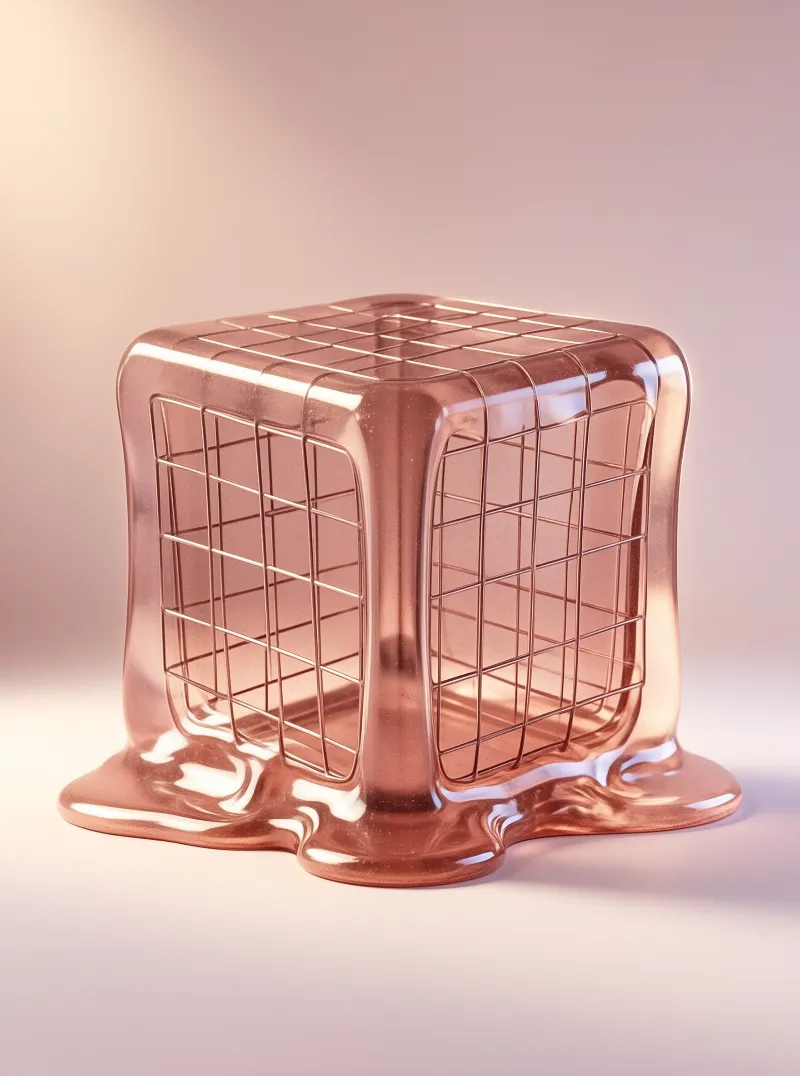 A polished copper cube with a wire grid melts into a glossy puddle on a soft pink background