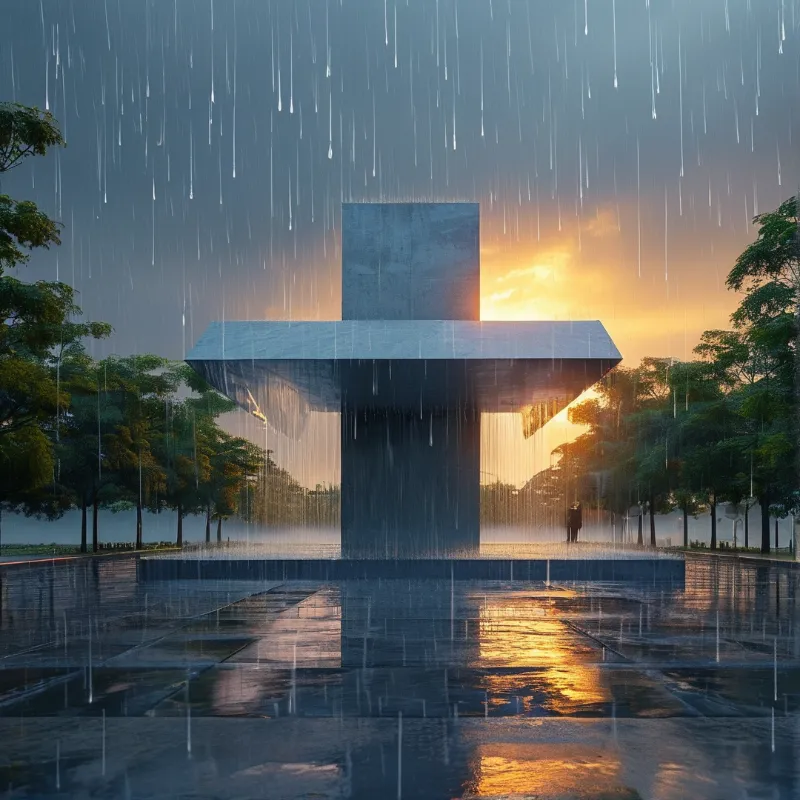 A large concrete cross sculpture stands amidst heavy rain while golden sunset light reflects on the wet ground.
