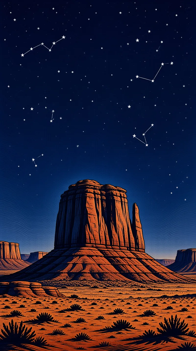 A stylized desert rock tower rises under a deep blue night sky patterned with connected stars and thin constellation lines