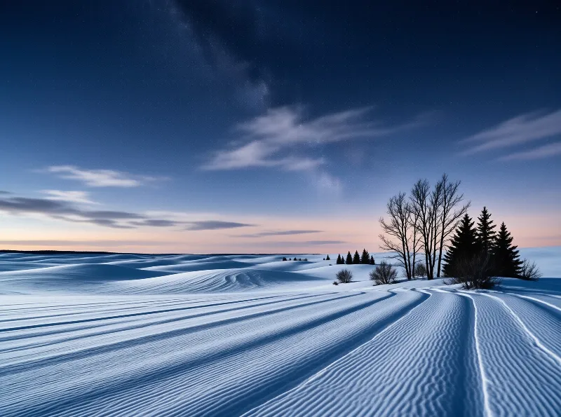 Wind combs a wide snowfield into soft ridges while bare trees and firs stand under a fading night sky.