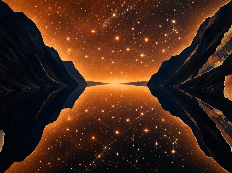 A calm lake reflects an orange starry sky framed by dark mountain ranges
