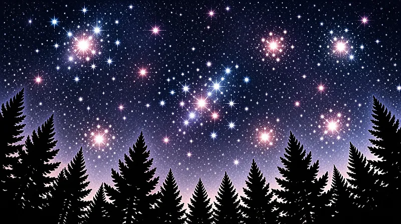 Black pine tree silhouettes line the bottom of a blue and pink starry night sky dotted with bright glowing stars.