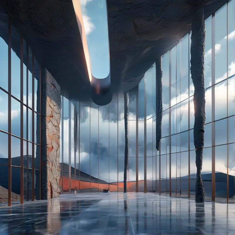 A spacious interior features floor to ceiling glass walls and a rough organic ceiling looking out at clouds and mountains.