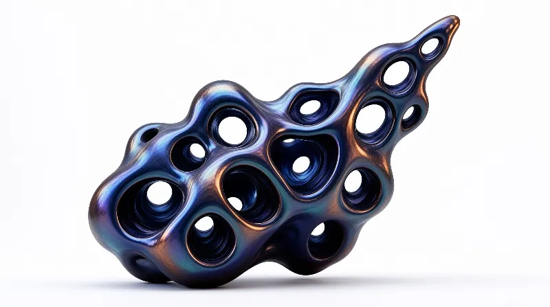 This iridescent metal form has multiple open hollow cavities placed on a plain white background under soft studio light.