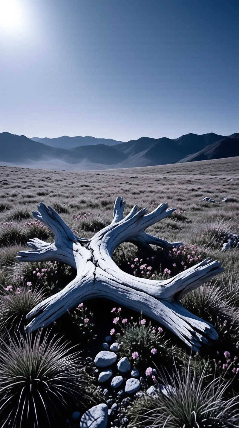 Silvered branches of a dead tree sprawl across tussock grass dotted with pink blooms, with blue ridges behind.
