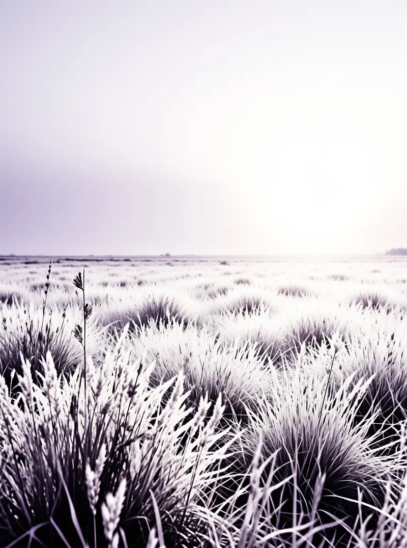 Pale silver tussock grass fields stretch to the hazy low light horizon under an overcast pale lavender toned sky.