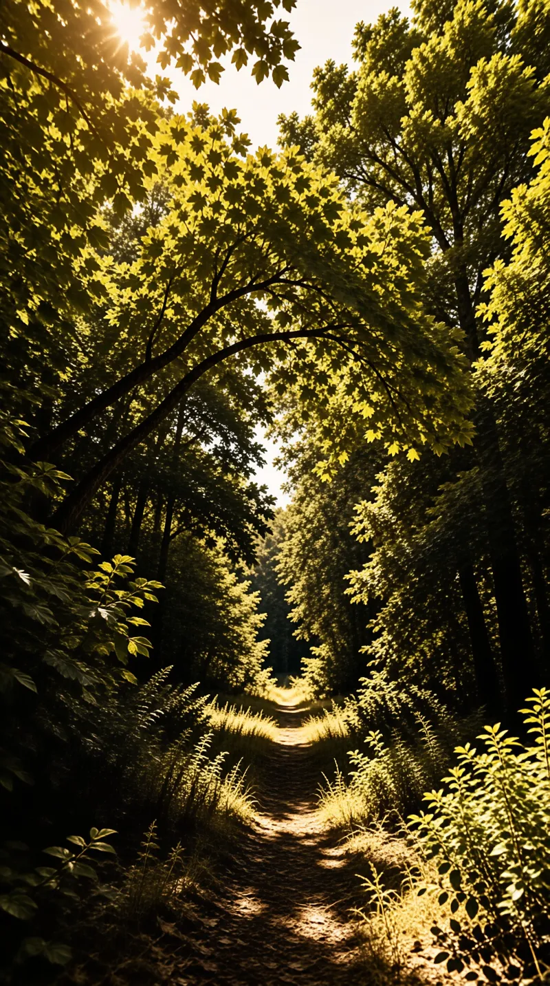 A dirt trail winds through a dense forest where golden sunlight filters through the leaves above.