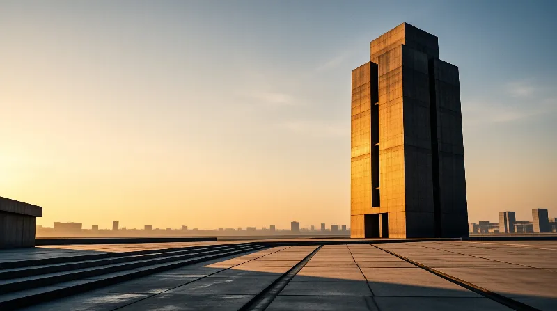 A tall faceted tower of bronze panels catches low sun above a wide empty plaza.