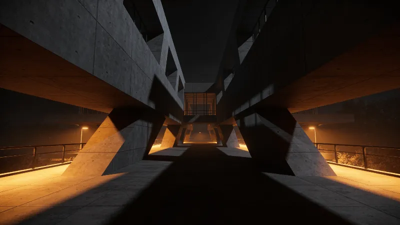 Bridge with Brutalist Massing — Night With Warm Lights
