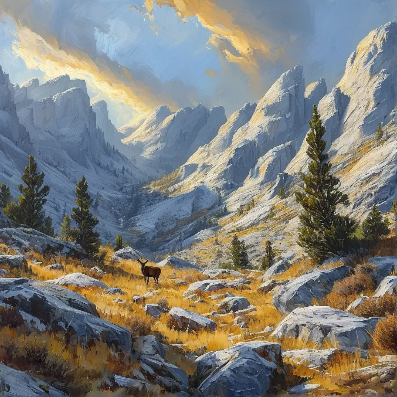 A lone deer stands among golden grasses and gray rocks in a rugged mountain valley beneath a dramatic sky with golden clouds