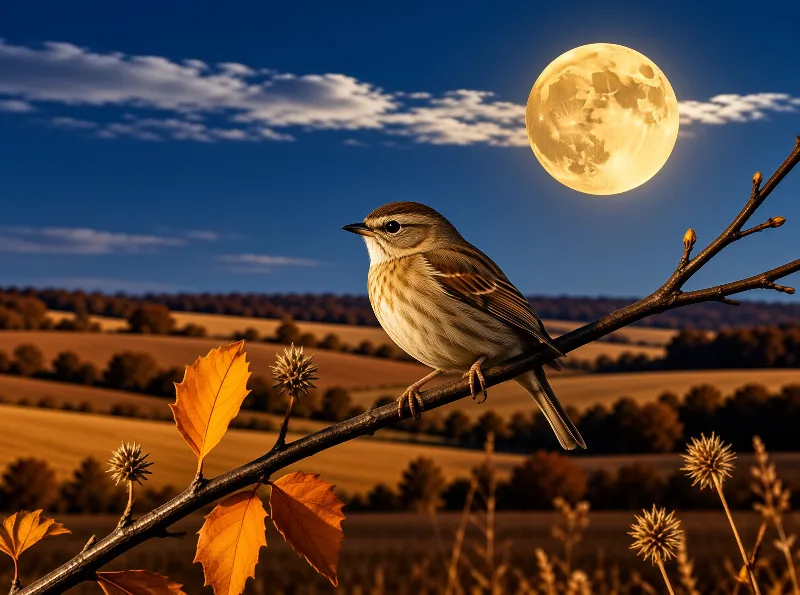 A small brown songbird perches on a branch with orange leaves while a full moon glows above golden hills.