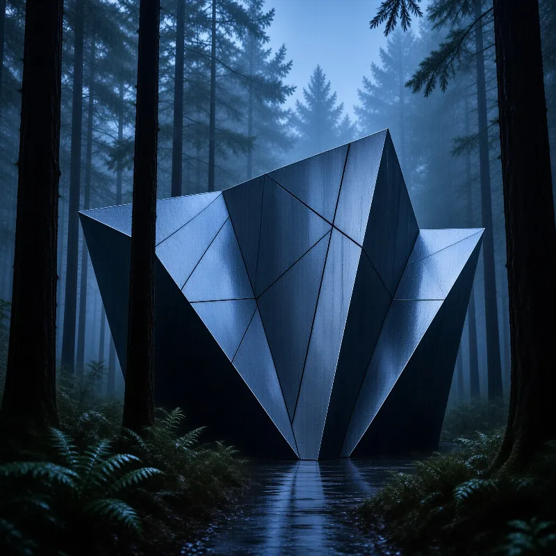 A geometric metallic sculpture sits in the middle of a misty forest with tall trees and wet ground reflecting blue light.