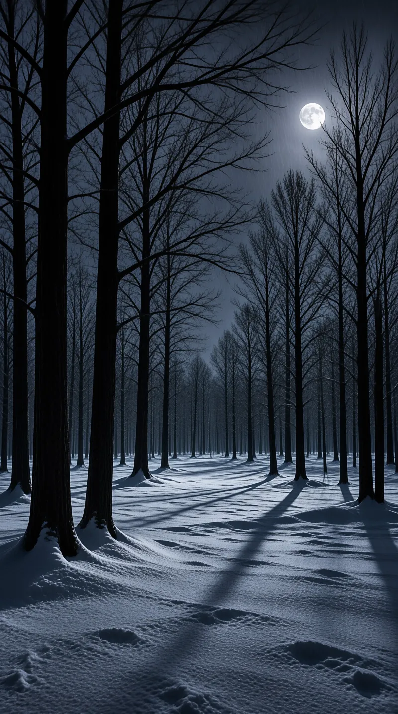Bare winter trees stand in a snow-covered forest at night, their long shadows stretching toward a bright full moon.
