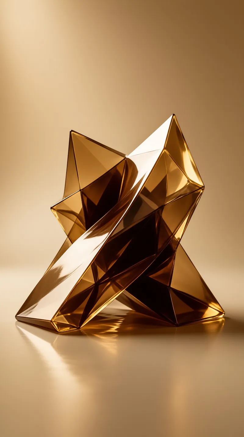 A translucent amber geometric sculpture of intersecting faceted planes on a glossy surface against a soft tan background