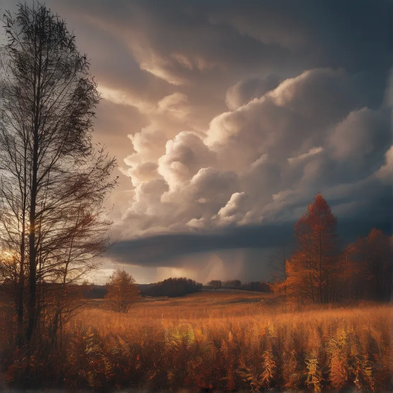 Towering cumulus darkens above a golden field of ferns while low sun lights a slender birch at the edge.