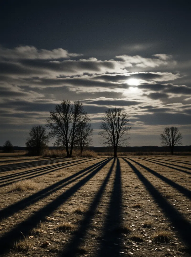 Bare trees stand in a field casting long shadows across the ground under a cloudy sky with sunlight breaking through.