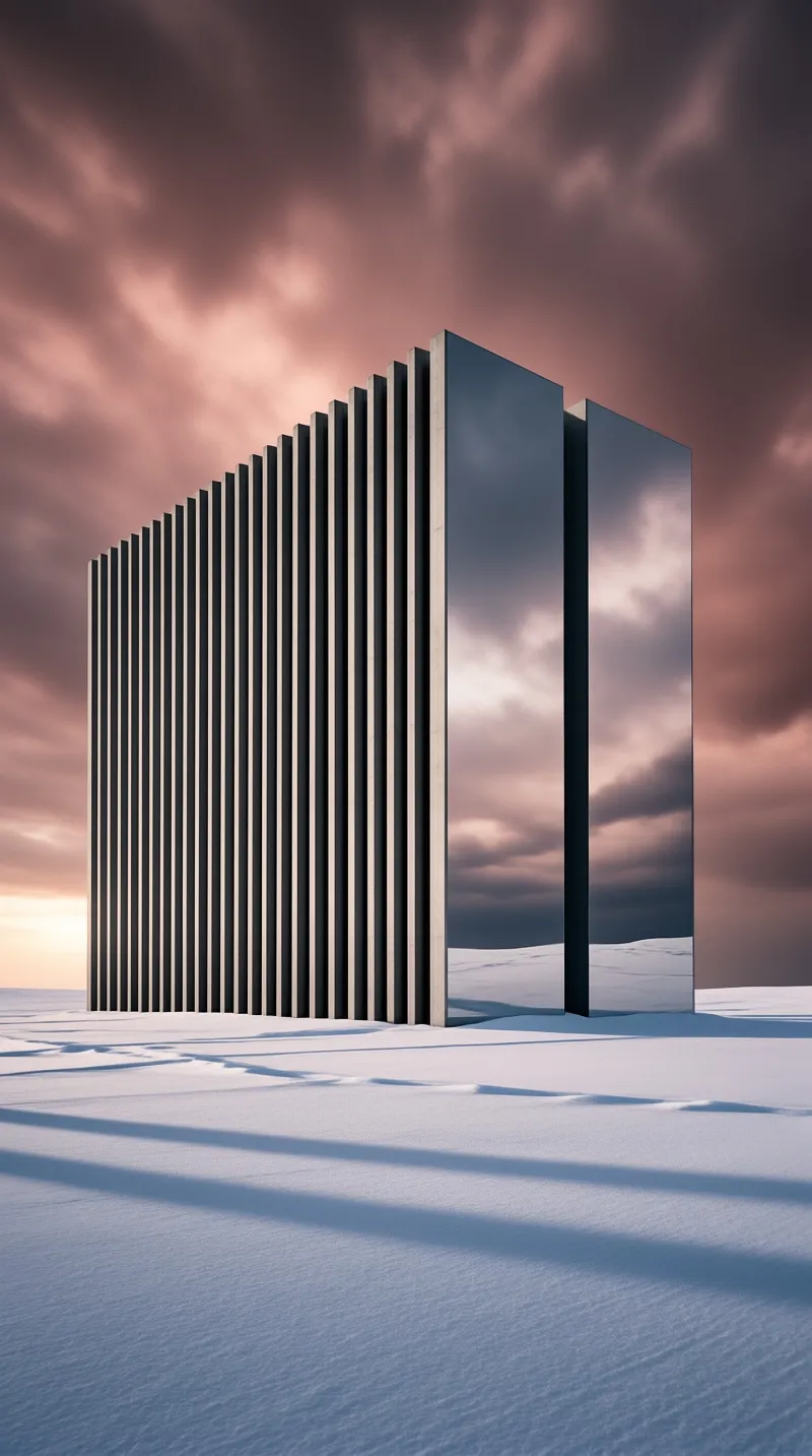 A polished steel monolith and a wall of vertical concrete fins rise from wind-swept snow under a heavy rose dusk sky.