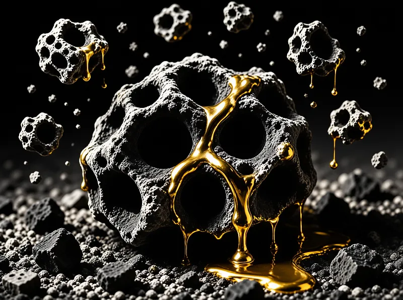 Large porous rocks sit on dark gravel while bright golden liquid pours from their centers.