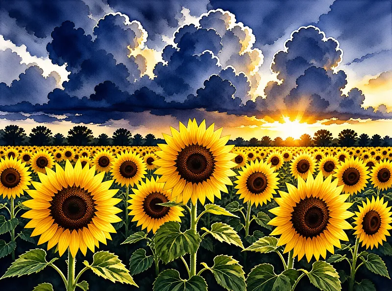 A wide view of yellow sunflowers standing in a green field while dark clouds part to reveal a bright sunset behind them.