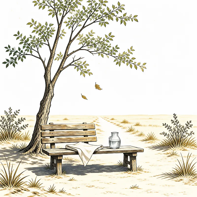 A wooden bench holds a folded blanket and a glass jug of water beneath the shade of a desert tree.