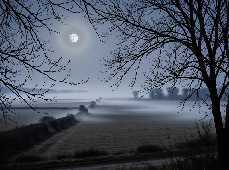 A bright full moon hangs above a foggy winter field framed by dark bare tree branches in cool deep blue night sky.