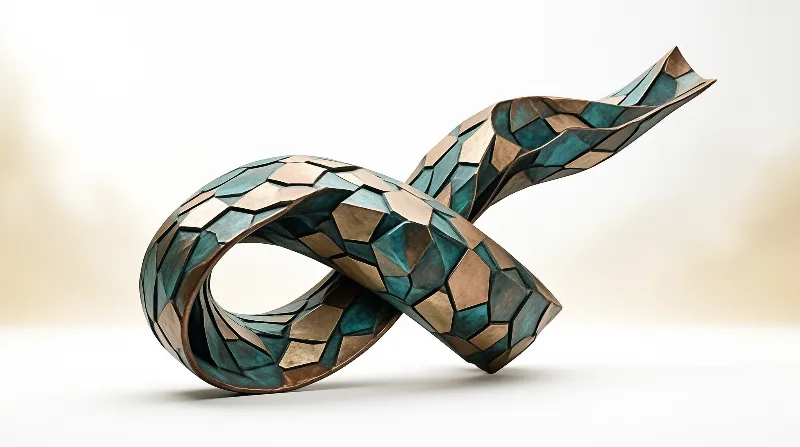 A looping faceted band of copper plates set with turquoise shards rests on a pale studio plinth.