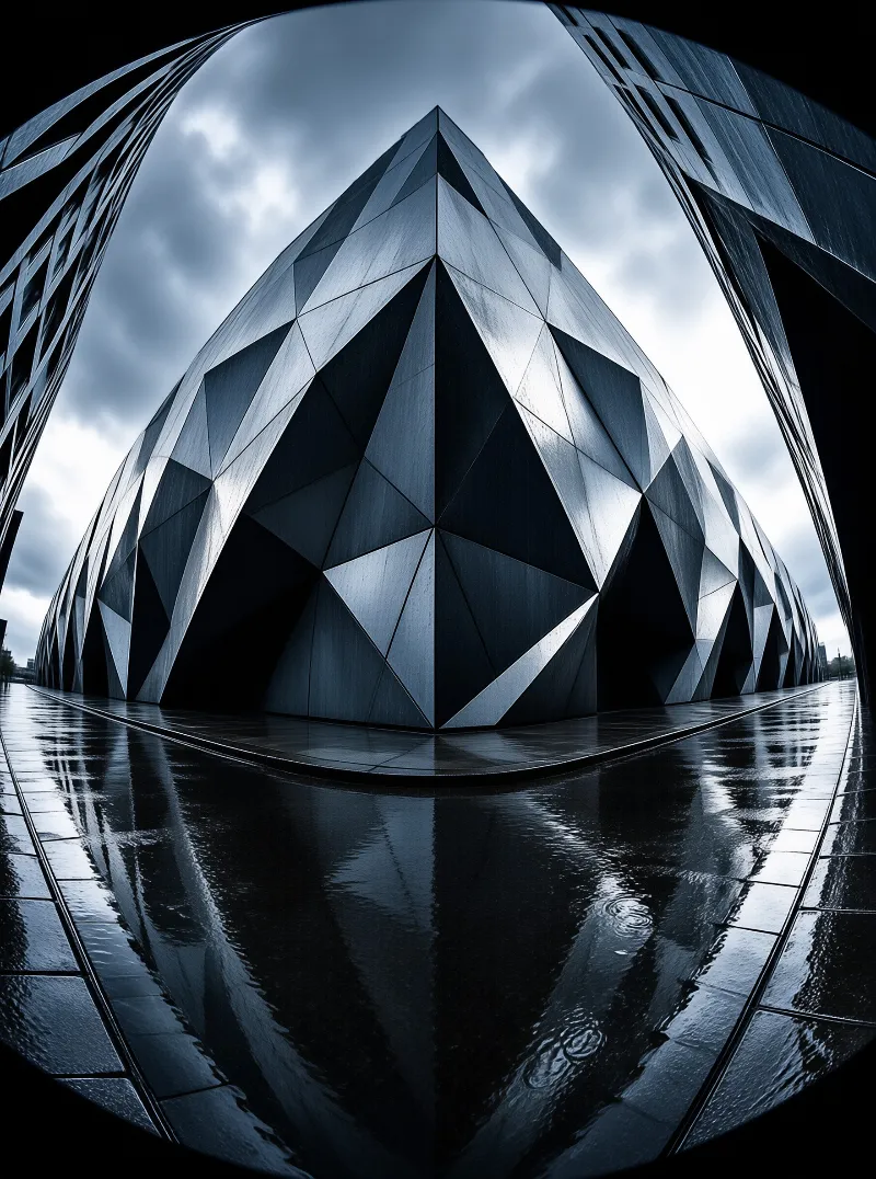 A massive geometric pavilion composed of dark triangular panels dominates the view, curving significantly under a grey sky while reflecting onto the wet stone plaza beneath it.