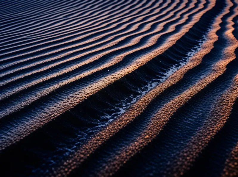 Textured sand ripples catching warm light along the crests while deep shadows fill the troughs below the surface.