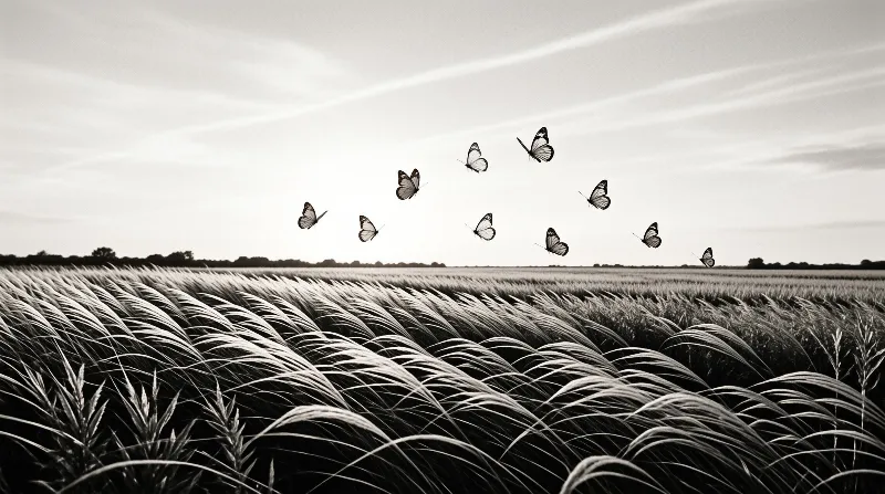 A loose flock of butterflies drifts above tall grass bending in the wind in monochrome