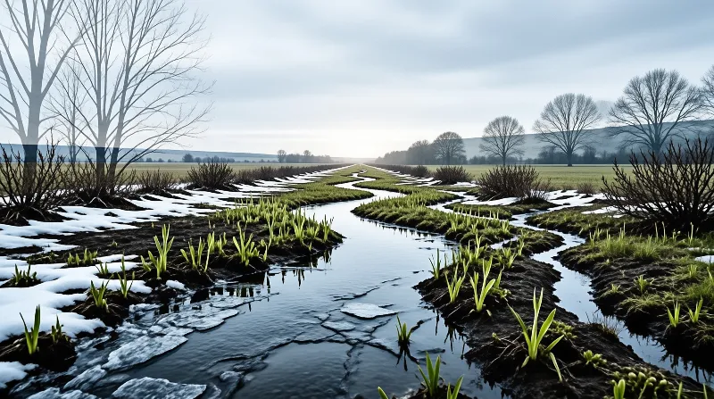 A meandering creek cuts through dark soil and melting snow with bright green shoots emerging near bare trees.
